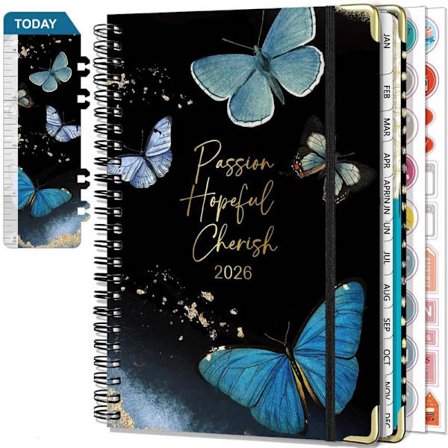 2026 Calendar A5 Spiral Bound Weekly Planner with Pen Bookmarks Stickers Blue Butterfly for Adults Students