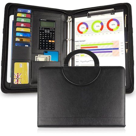 Ny versjon A4 glidelås konferanse lær forretningsdokumentmappe porteføljemappe med glidelås med ringperm (svart)