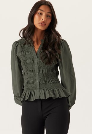 Bubbleroom - V-neck Cotton Smock Blouse - Kläder