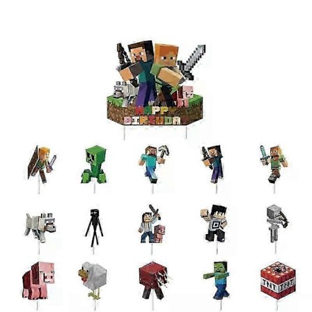 2025 Dekorationer 16 stk./lot Minearbejder Pixel Crafting Kagepynt Børnefødselsdagsfest Dekorationstilbehør