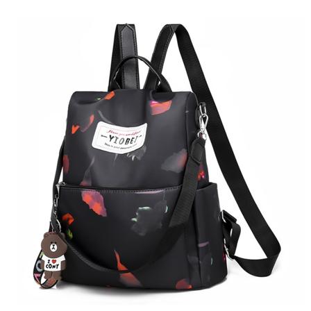 Kvinnor Ryggsäck Anti-Stöld Resa Zip Up Ryggsäck College Skola Axlar Väska Black Flower
