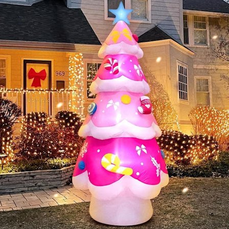 Oppusteligt juletræ 210 cm med LED-lys – juledekoration til terrasse, have, indendørs og udendørs