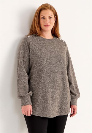 Cellbes of Sweden - Blød jerseytrøje med knapper Beata i nougatmeleret til damer i størrelse 62/64