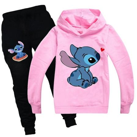 Lasten Lilo ja Stitch Print verryttelypuku setti pitkähihainen huppari collegepaita pitkät lenkkeilyhousut urheiluasu K Pink 15-16Y