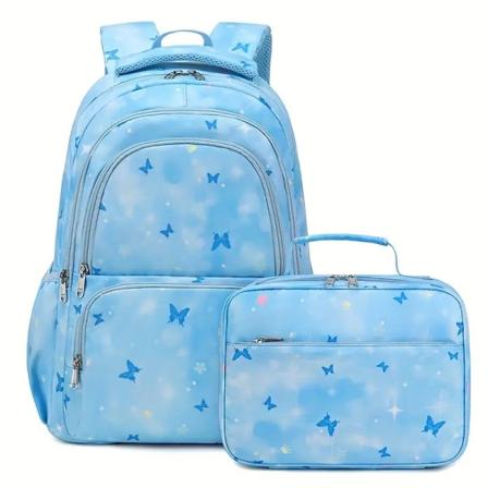 2-delad ryggsäck och lunchväska set, söt fjärilstryckt student ryggsäck, stor kapacitet ryggsäck lunchväska 2-delad set blå
