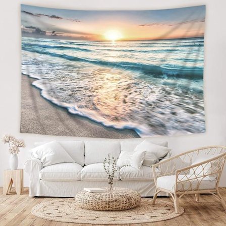 Strand Hav Solnedgang Solopgang Kyst Gobelin til Soveværelse Ekstra Stor Væg Dekoration 150cm*130cm Sommer Hawaii Havbølge Kyst Solstråle Kystlinje 