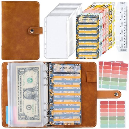 A6 Pärm Budget Planner, konstläder anteckningsbok med 12 pärmar, anteckningsbok brun