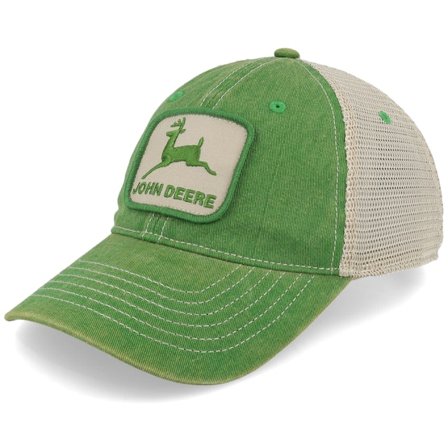 John Deere - Stone Washed Logo Dark Green/Ivory Dad Cap Trucker Trucker Green Cap - @ Hatstore