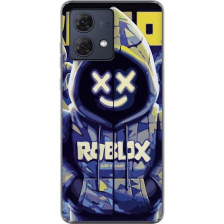 Kompatibelt Mobildeksel til Motorola Motorola Moto G84 Blågul Roblox hettegenserfigur med minimalistisk neonstil og masket ansikt, moderne spillillus