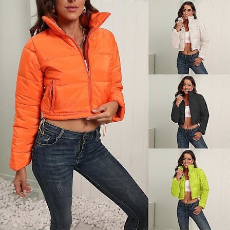 Langærmet dame dunjakke med høj krave, varm og afslappet