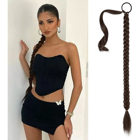 Flettet hestehale-extensions krøllete hår brunt 80cm, fletteextensions