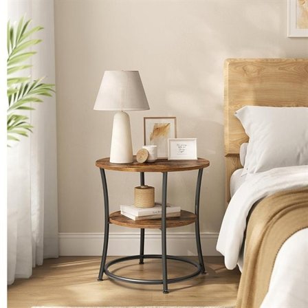 Rundt sidebord med 2 hyller - rustikk brun/svart