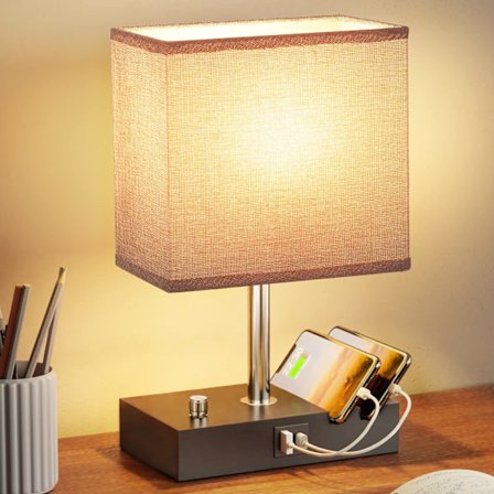 Fullt dimbar sänglampa med USB A+C laddningsport, telefonhållare med grå tygskärm, LED-lampa ingår{SL}