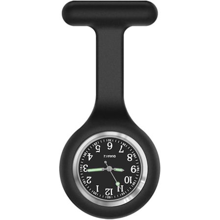 Sjuksköterskebrosch i silikon med stift/klämma, självlysande design, brosch med fickur för sjuksköterskor, läkare, sjukvårdare, paramedicinare (svart)