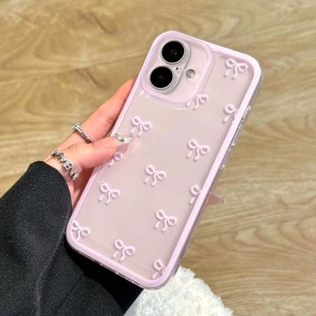 Etui til iPhone 16 Plus, Gennemsigtigt Sødt Båndsløjfe Mønster Æstetisk Gennemsigtigt Telefon Etui Hævet Kameradæksel til Piger - Pink