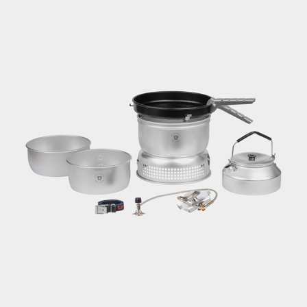 Plynový vařič / vařič do bouřky Trangia 25 Large, 2100 W + 2 kotlíky a závětří z UL / UltraLight hliníku + 1 pánev NS / Non Stick teflon + 1 kávová 