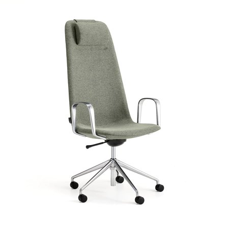 Stol LANGLEY, hög, med hjulstativ och armstöd, borstad aluminium/gröngrå