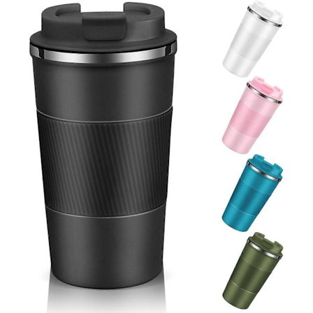 Rejsekrus med lækagesikkert låg, isoleret genanvendelig kaffekrus til drikkevarer/te, bærbar termokop i rustfrit stål (510 ml sort)