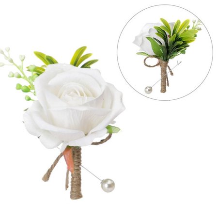 2 STK Kunstig Rose Boutonniere Groom Blomst HVID