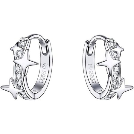 Stjärnformade Cubic Zirconia Huggie Hoop Örhängen för Kvinnor Tonårsflickor Sterling Silver Konstellation Brosk Söta Berlocker CZ Sleeper Små Hoop 