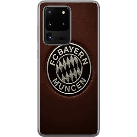 Kompatibel Mobilcover til Samsung Galaxy S20 Ultra FC Bayern München emblem på brun læderbaggrund klassisk fodboldmotiv perfekt til fans af tysk fodbo