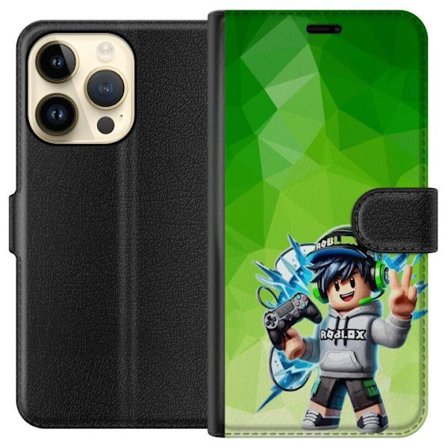 Kompatibelt Lommeboketui til Apple iPhone 14 Pro Roblox-inspirert gamerfigur med headset, håndkontroll og energiske effekter mot grønn bakgrunn