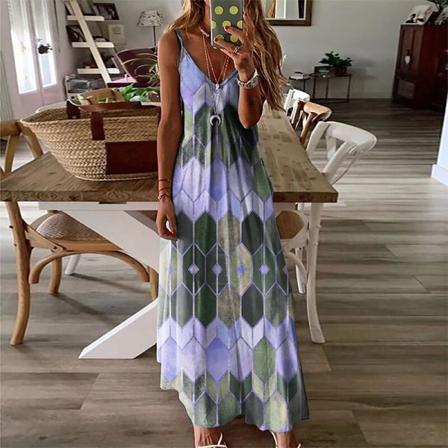 Kvinnor Sommar Ärmlös V-hals Spaghetti Strap Sundress Klänningar
