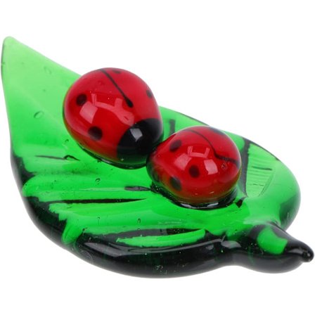 Glass Insekt Figur - Krystall Marihøne på et Grønt Blad Håndblåst