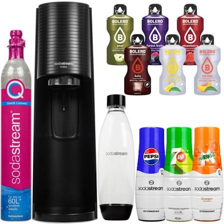 Saturator för kolsyrat vatten - SodaStream - Terra Svart - 1L - 3 Siruper - 6 Bolero-påsar - Flaska inkluderad