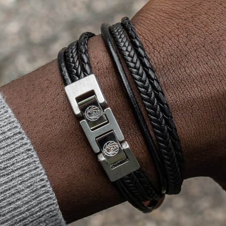 Pulsera de cuero y acero en negro Roy para hombres - Pulseras de cuero