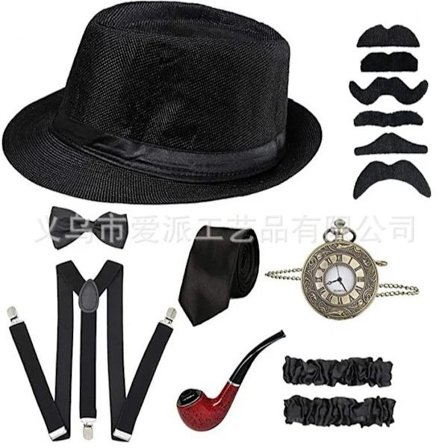 Coolt 1920-tals set för män med hatt, fickur, hängslen & slips}}svart black