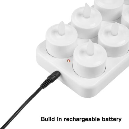 Flamfria ljus - 12 uppladdningsbara LED-värmeljus med flimmer + 12 frostade koppar - Levereras med laddningsbas, inget batteri behövs_max