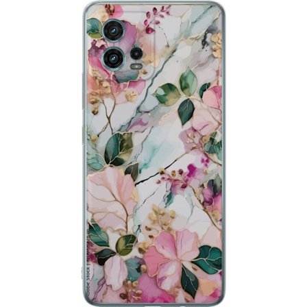 Kompatibel Mobilcover til Motorola Moto G72 Abstrakt marmormønster med blomster, blade og gyldne detaljer i bløde pastelfarver