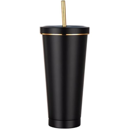 750ML Isolerad Tumbler med Sugrör och Lock, Rostfritt Stål Kaffemugg, Återanvändbara Isolerade Muggar Sugrör och Rengöringsborste (Sugrörskoppar-svart