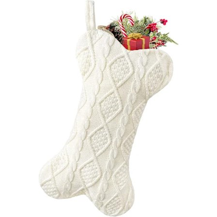 /EA/(Vit) Hunde Julestrømpe, Strikket Hvid Julestrømpe til Hunde, Benformet Hundestrømpe Jul Stor Kæledyrsstrømpe