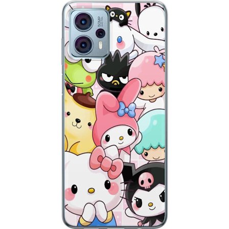 Kompatibel Mobilcover til Motorola Moto G23 Tæt mønster af søde figurer med store øjne i forskellige farver og udtryk med LABUBU-tekst