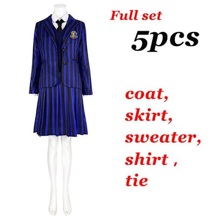Wednesday Addams Cosplay Kostymer Stripete Nevermore Skoleuniform Jakke Vest Skjorte Skjørt Komplett Sett Halloween Party Klær