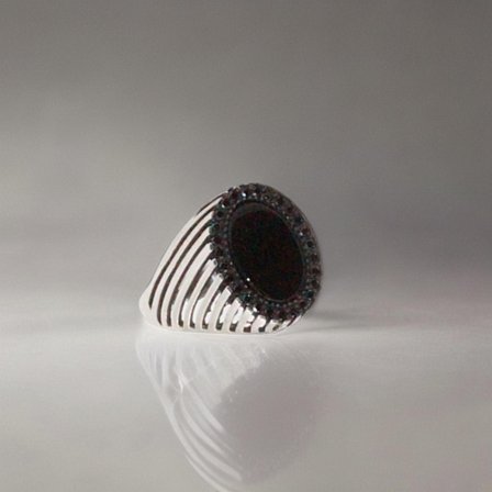 Sterling sølv ring stribet orientalsk mønster hælring til mænd sort rund sten