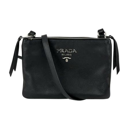 Prada Vintage, Pre-owned Crossbody Vitello Phenix Double Zip Textured Calfskin Leather C45 Zwart, Dames, Maat:ONE Size,leer