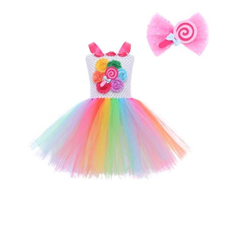 Tutu Kjole til Piger med Inkluderet Hårbånd, Regnbuestriber Fluffy Tyl Udklædningskostume Knælangt Glitrende Design Elastisk Hæklet Top, Blød og