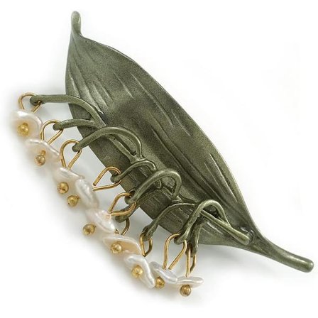 Delikat liljekonvalj emalje floral stor broche i sølvfarvet - 55mm lang