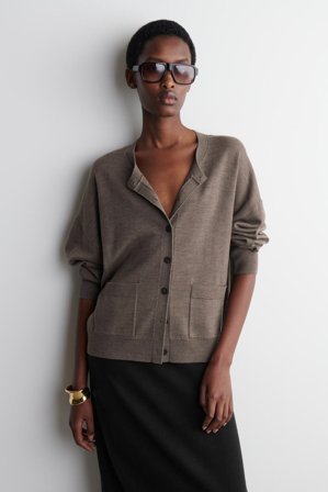 COS Women's Merino Wool Crew-Neck Cardigan in Brown