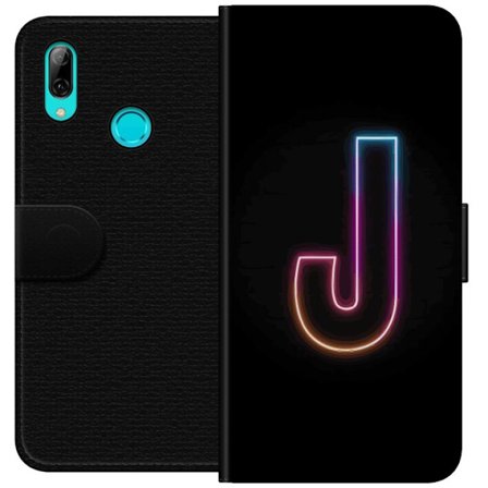 Yhteensopiva Lompakkokotelo Huawei Huawei P smart 2019 Minimaalinen neonkirjain J värien vaihtuessa valossa mustaa taustaa vasten