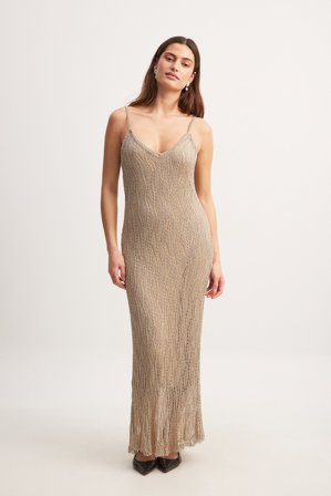 NA-KD - Back Detail Knitted Maxi Dress - Selskapskjoler - Beige - S