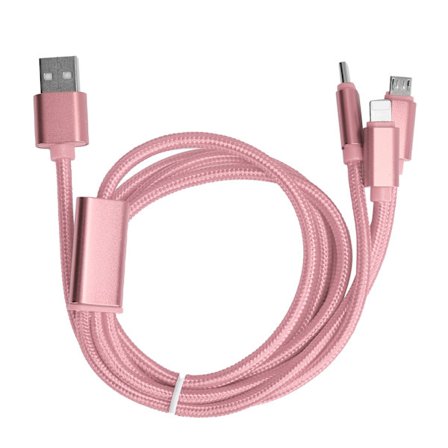 3 i 1 Nylonflätad Snabbladdningskabel för iPhone Type C Micro USB Rosa