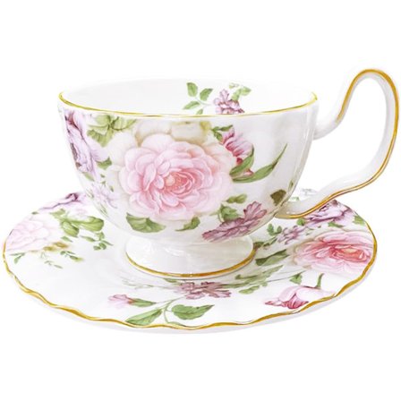 Tekopp og skålsett i benporselen, 150 ml blomstrete kaffekopp i porselen med gullkant, elegante tekopper i britisk vintagestil for ettermiddagste