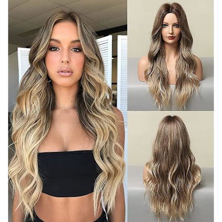 Ombre brune parykker for kvinner, syntetisk hår blond bølget ombre parykk, limfri lang