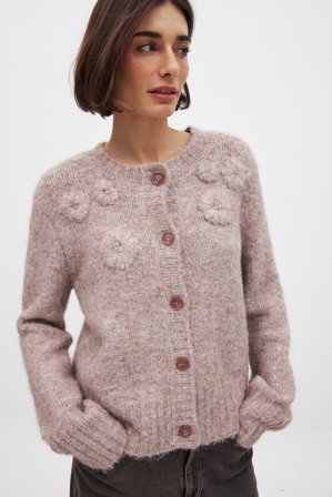NA-KD Knitted Flower Cardigan - Cardigans - Beige - L (EU 42-44)