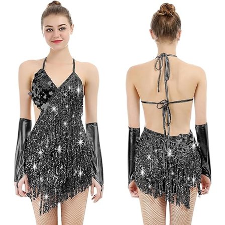 Frynser-kjole med paljetter, latin-dansekjole, V-hals, minikjole