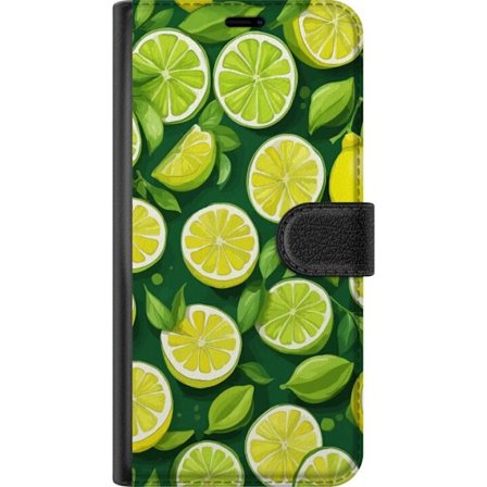 Yhteensopiva Lompakkokotelo Xiaomi Redmi Note 14 Pro+ Värikäs sitruskuvio, jossa limeä ja sitruunoita sekä vihreitä lehtiä tummanvihreällä tau